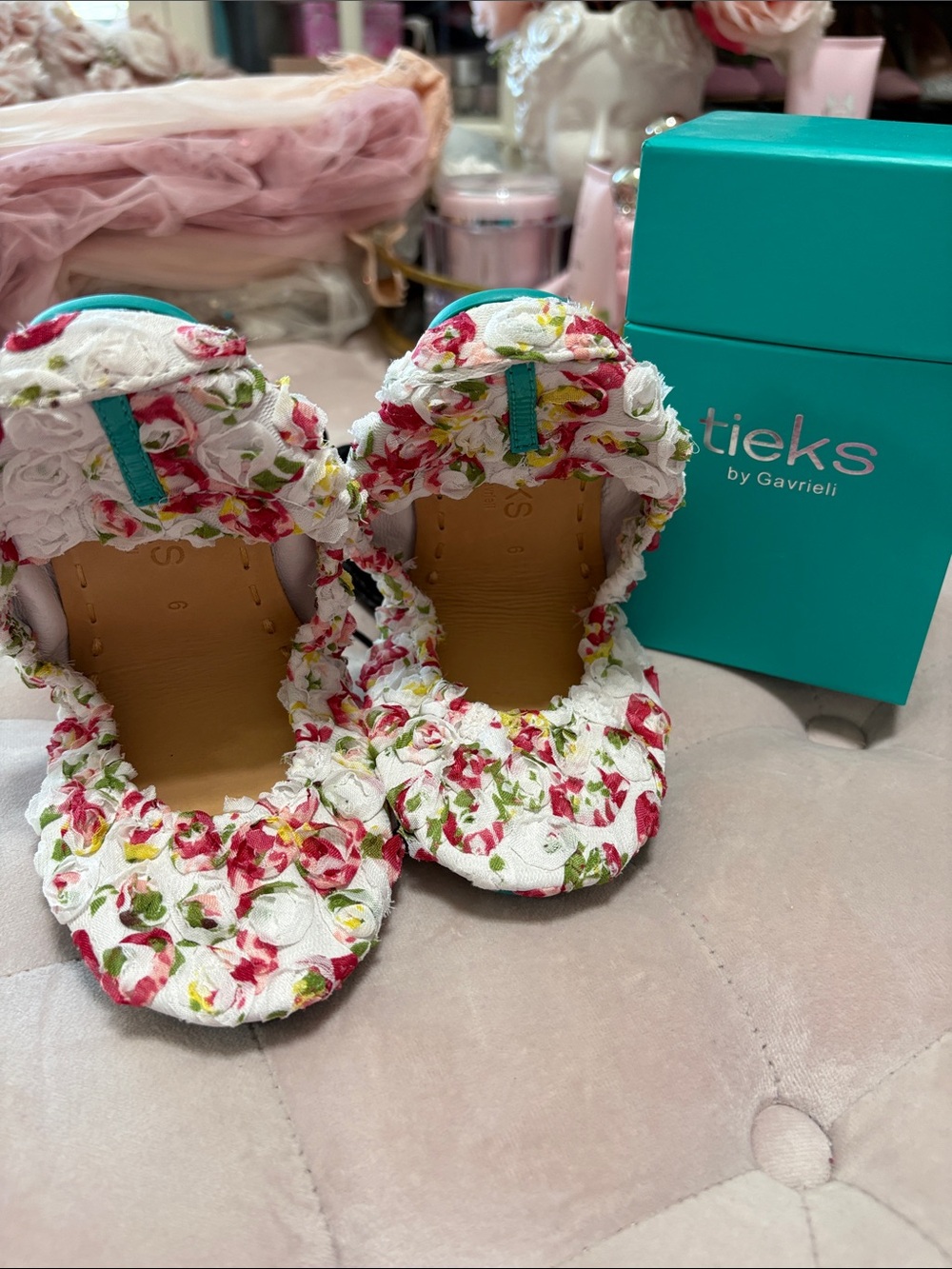 Tieks Floral White Red Green Foldable Ballet Flats